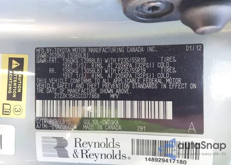 2012 Lexus Rx 350 from USA, damaged, VIN 2T2ZK1BA5CC077868